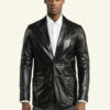 Men's Classic Black Leather Blazer Straight Front