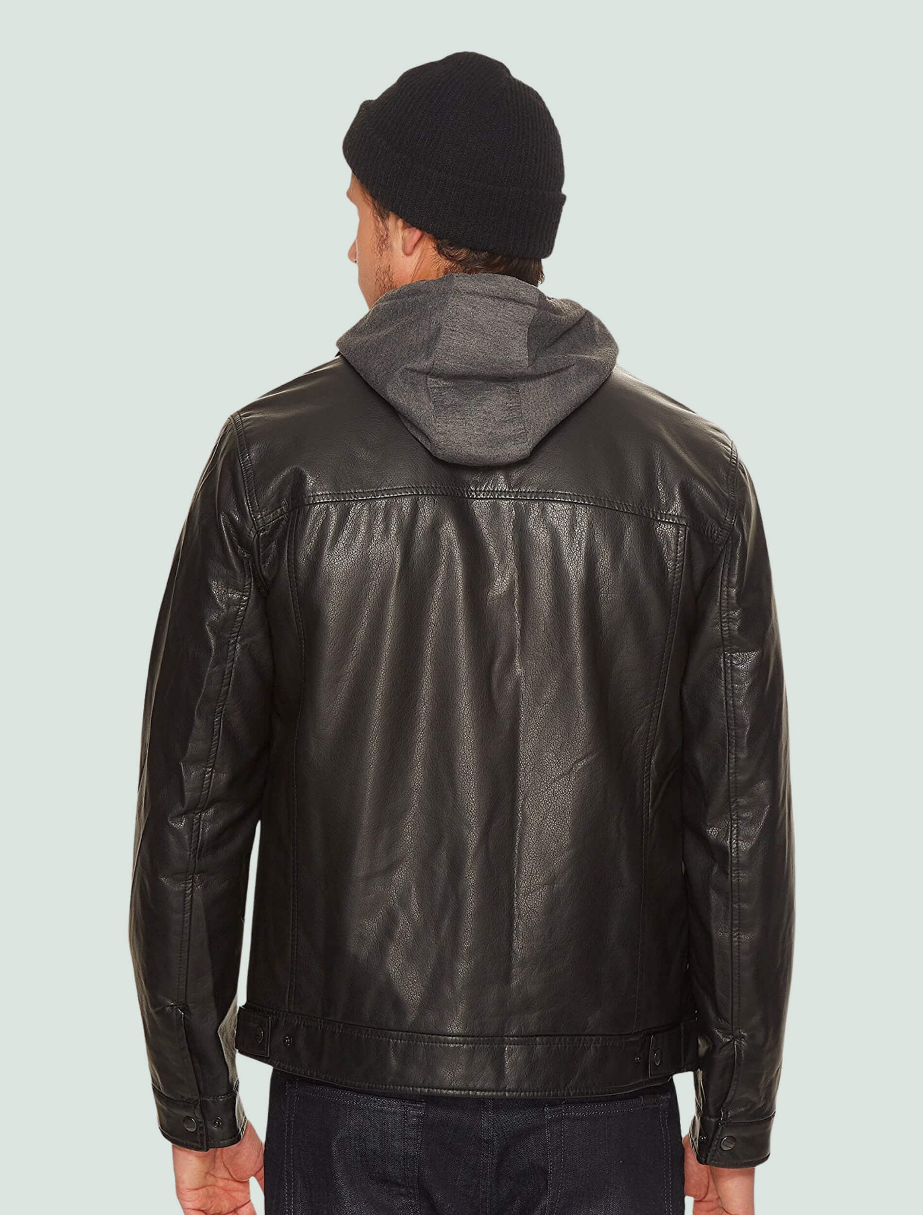 Men's Classic Black Leather Jacket With Hood Back