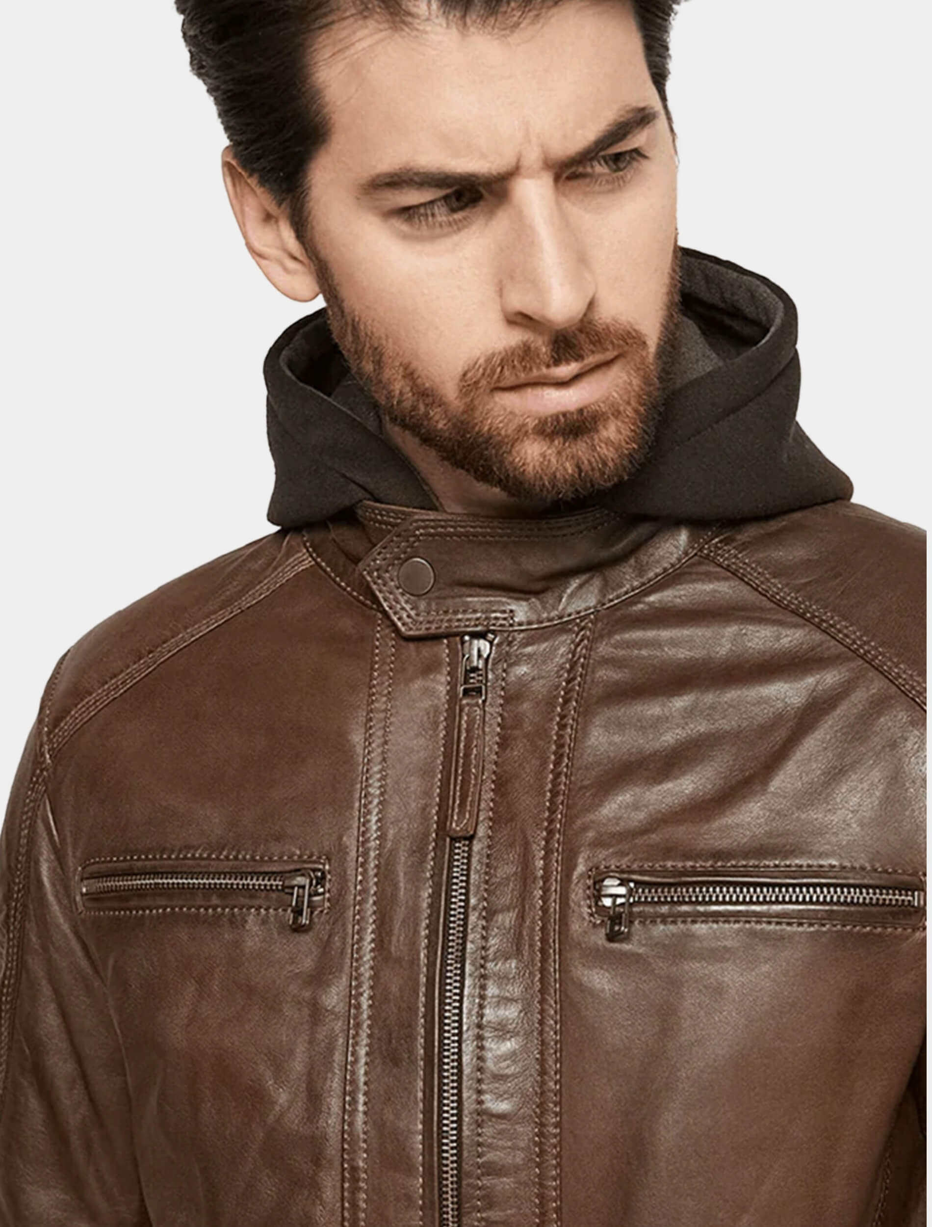 Erick Dark Brown Hooded Leather Jacket Detail Image