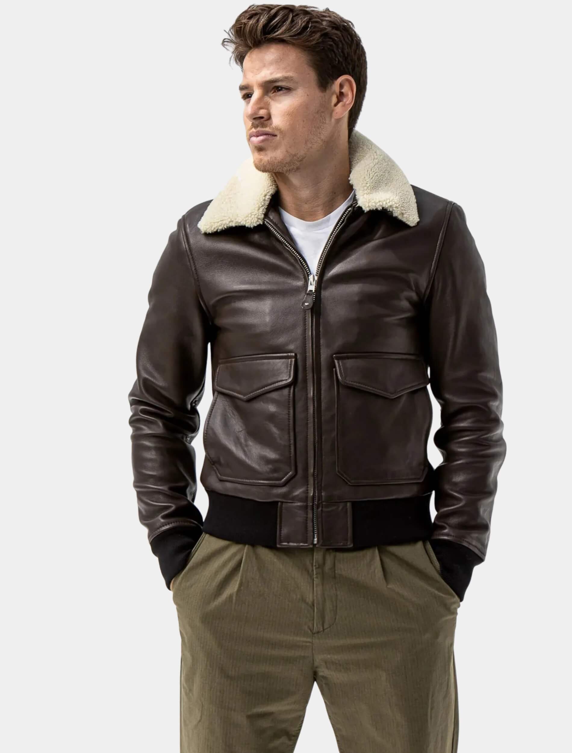 Levi Beige Brown Leather Jacket With Shearling Collar