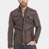 Men Classic Brown Leather Racer Style Trucker Jacket