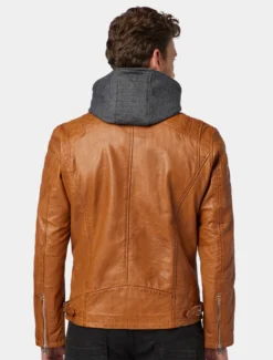 Mens Casual Tan Hooded Leather Jacket Back
