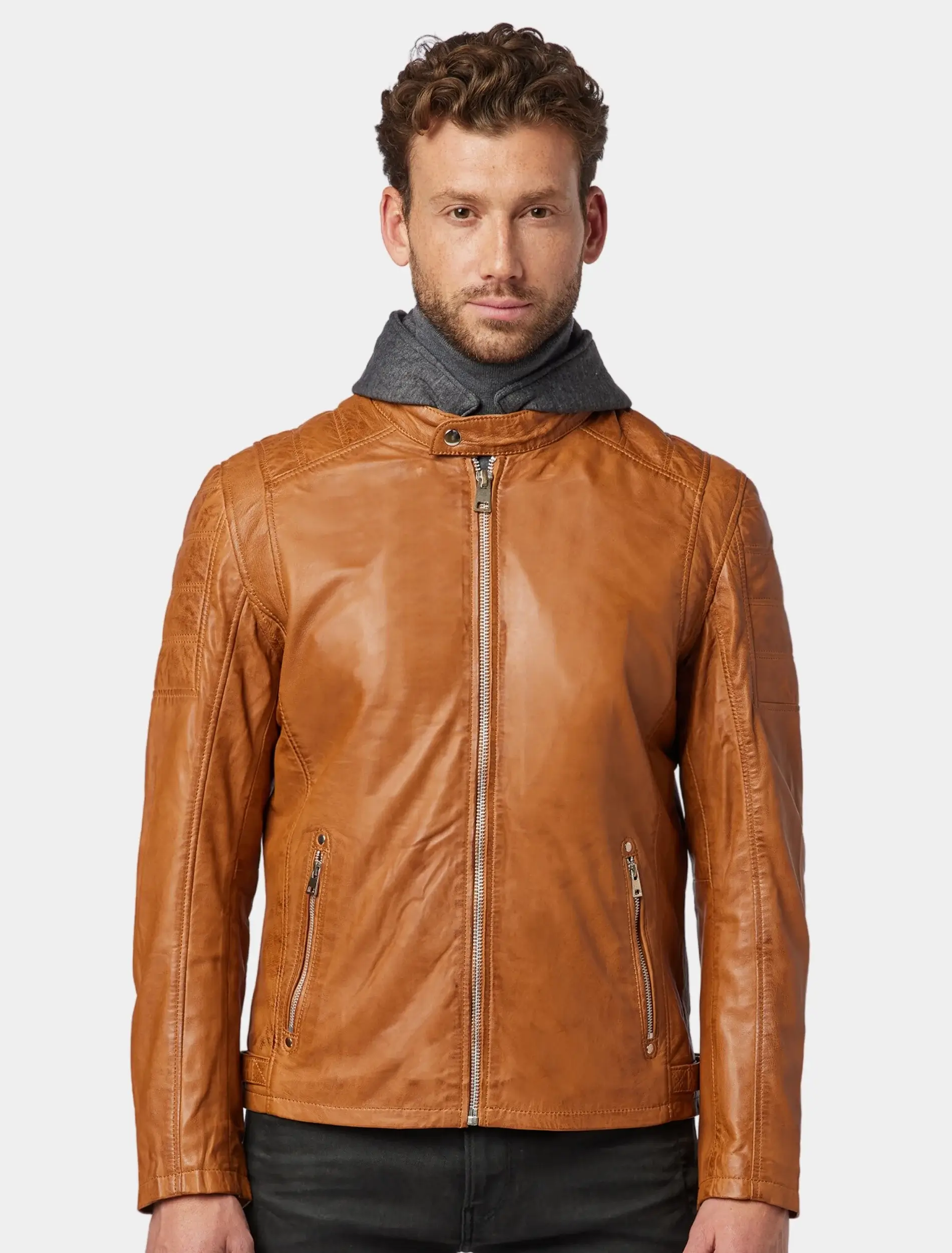 Mens Casual Tan Hooded Leather Jacket