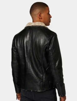 Mens Classic Black Leather Biker Jacket With Fur Collar Back
