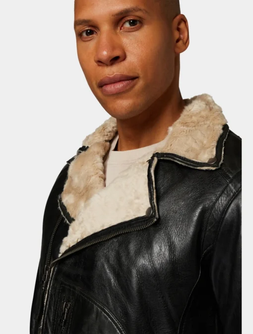 Mens Classic Black Leather Biker Jacket With Fur Collar Detail Image