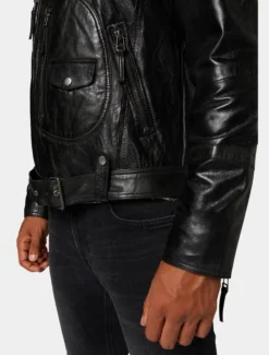 Mens Classic Black Leather Biker Jacket With Fur Collar Pocket Detail Image