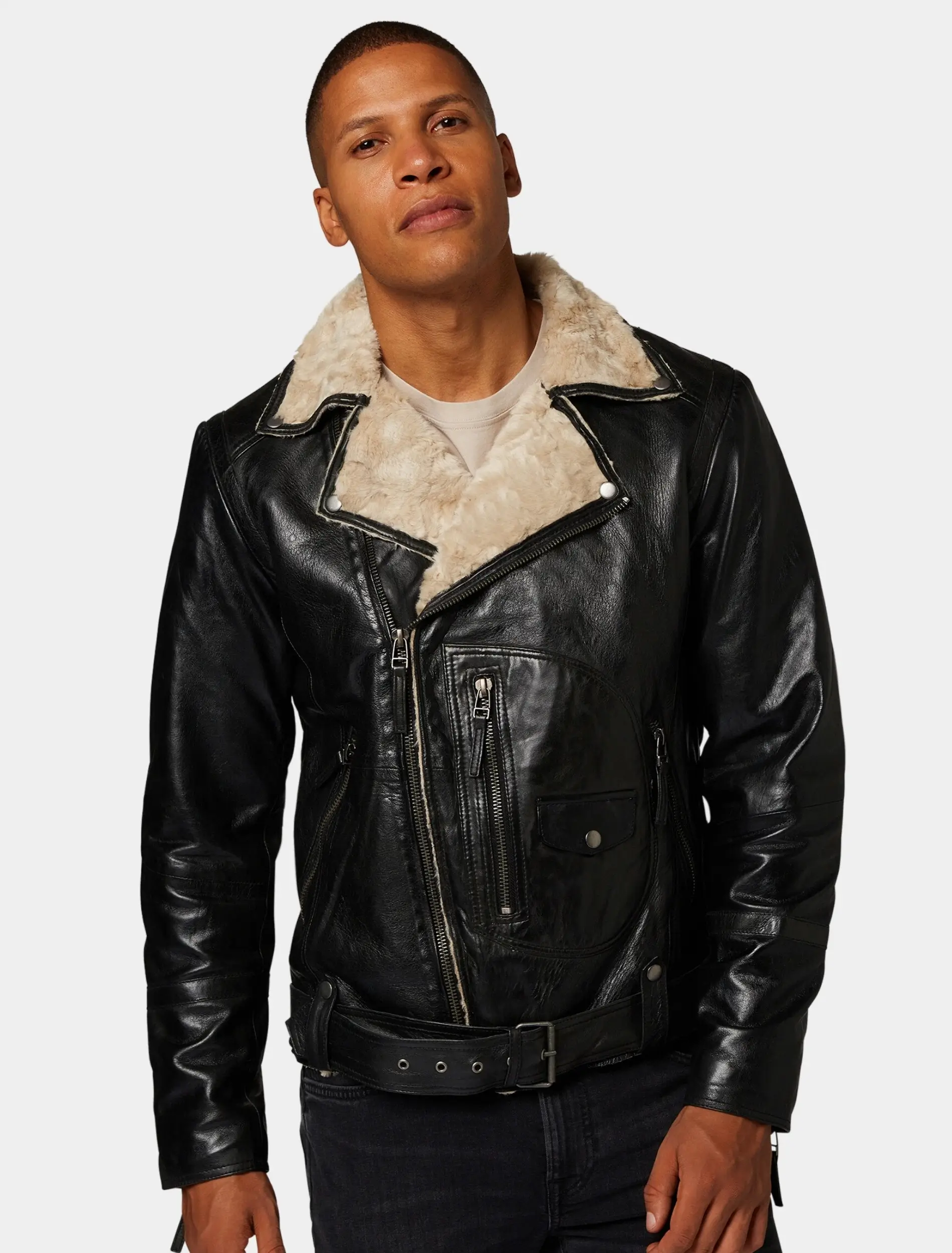 Mens Classic Black Leather Biker Jacket With Fur Collar