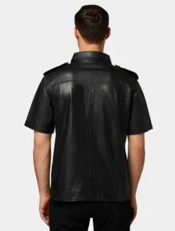 Mens Classic Black Leather Half Sleeve Shirt Back