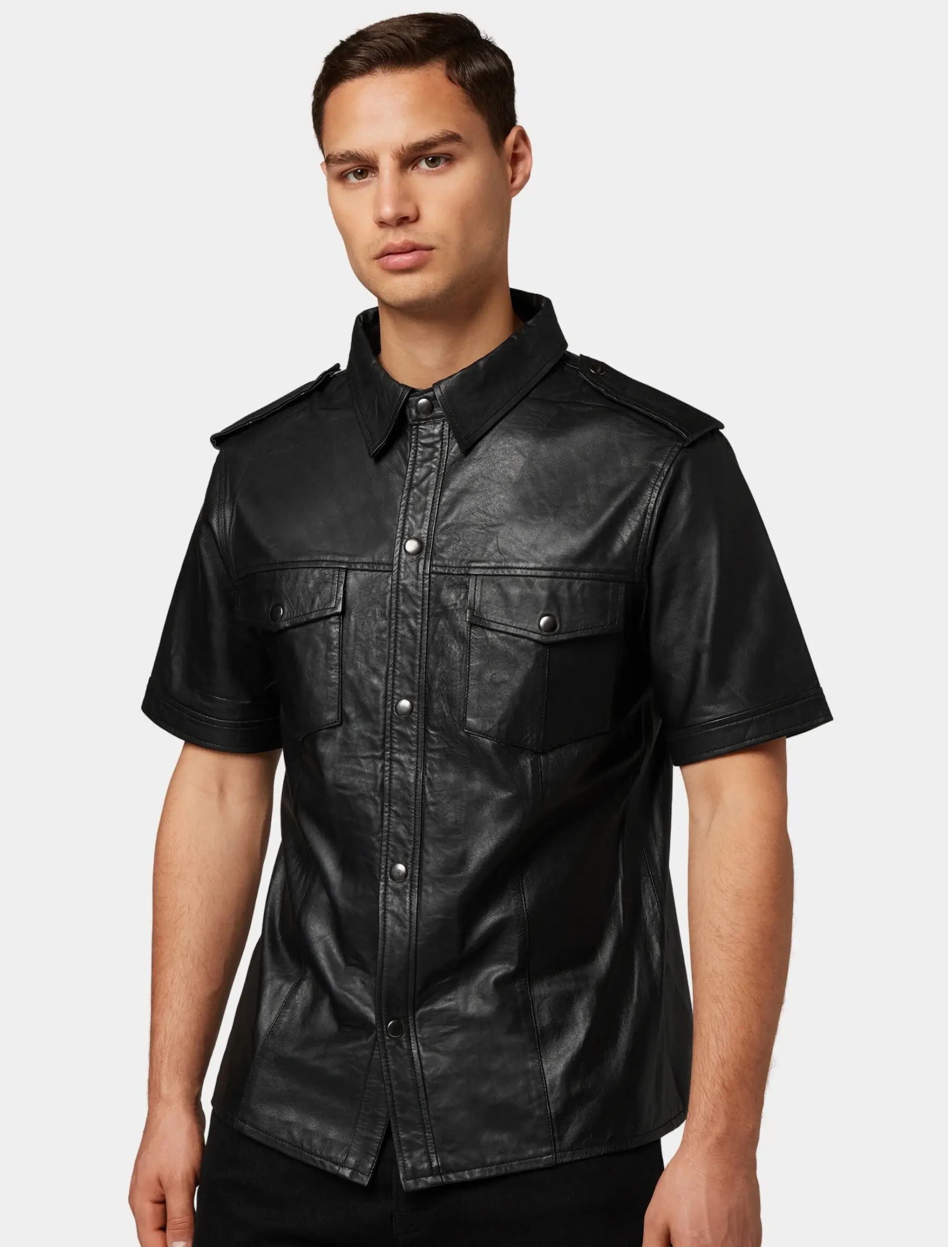 Mens Classic Black Leather Half Sleeve Shirt