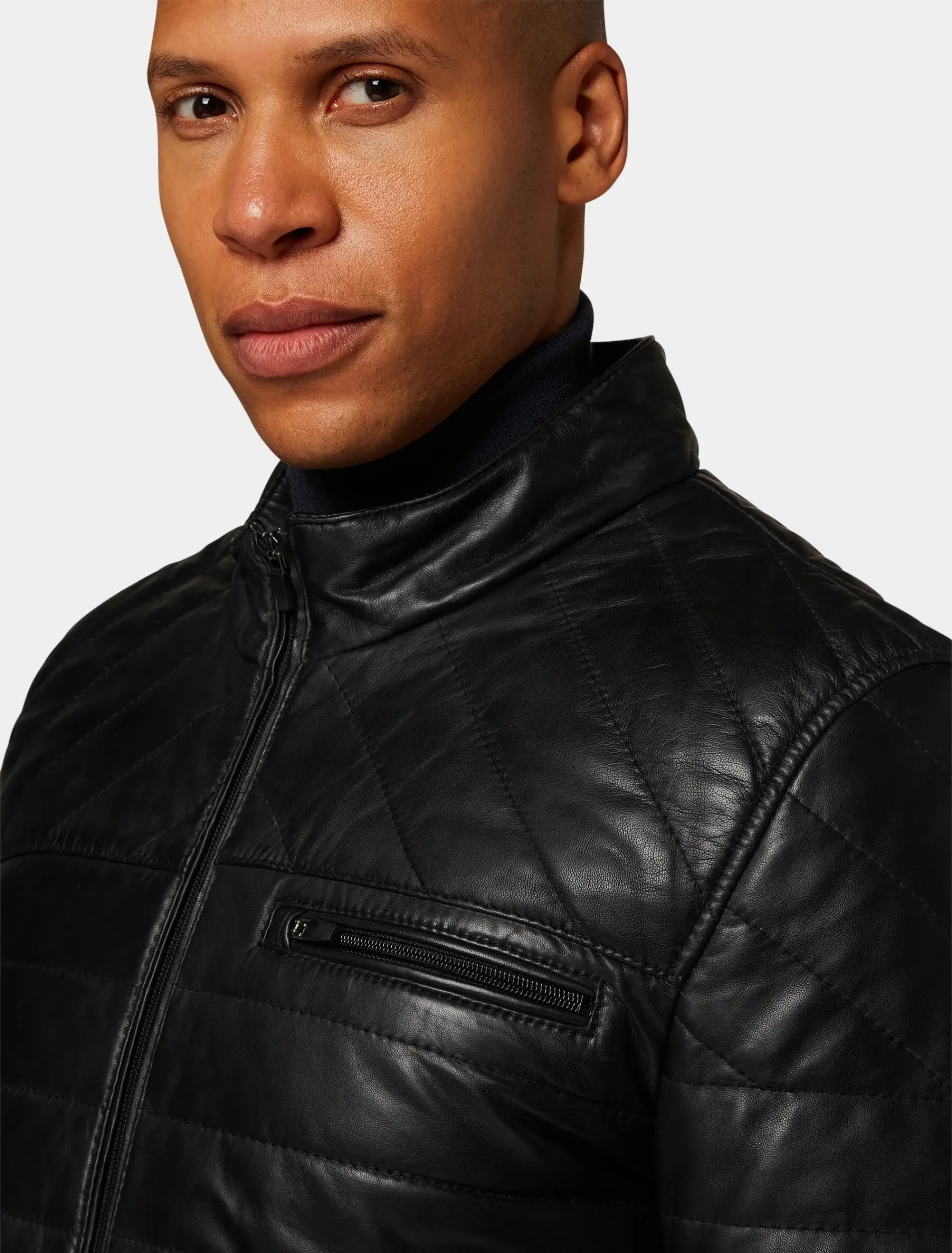 Mens Classic Black Quilted Leather Jacket Detail Image
