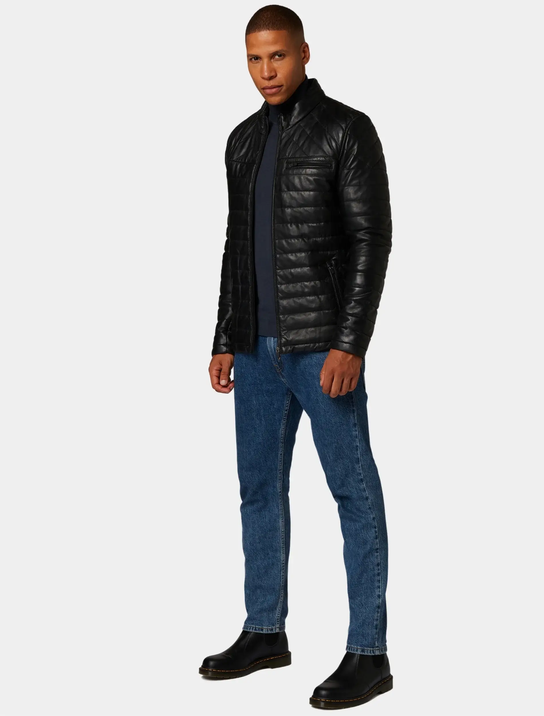 Mens Classic Black Quilted Leather Jacket Front