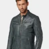 Mens Classic Blue Leather Cafe Racer Jacket