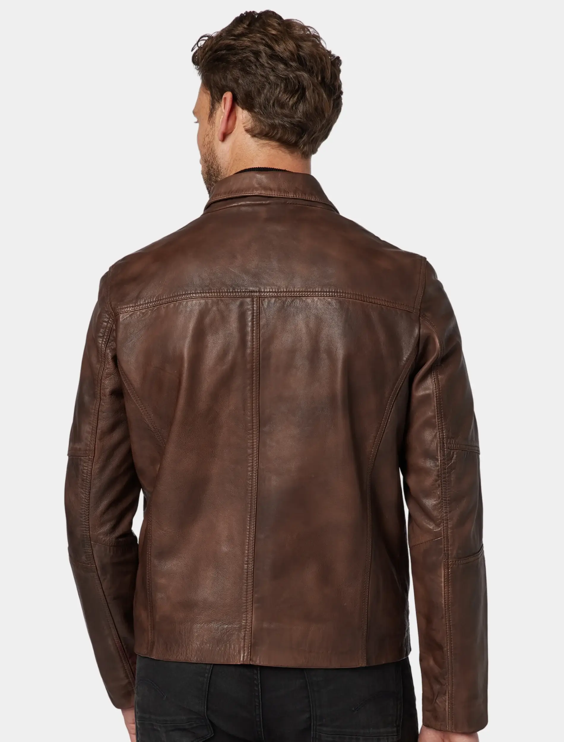 Mens Classic Brown Leather Trucker Jacket Back