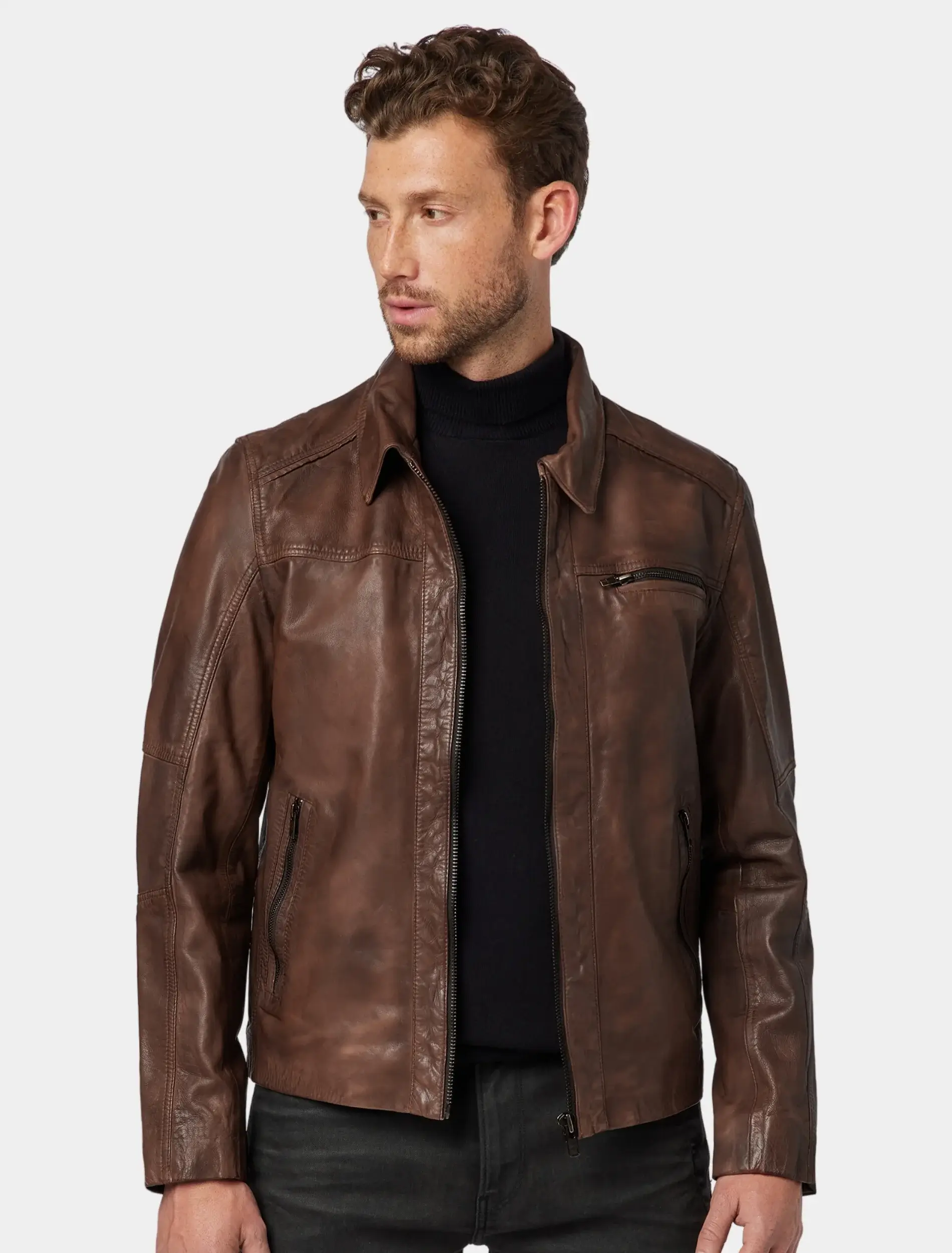 Mens Classic Brown Leather Trucker Jacket