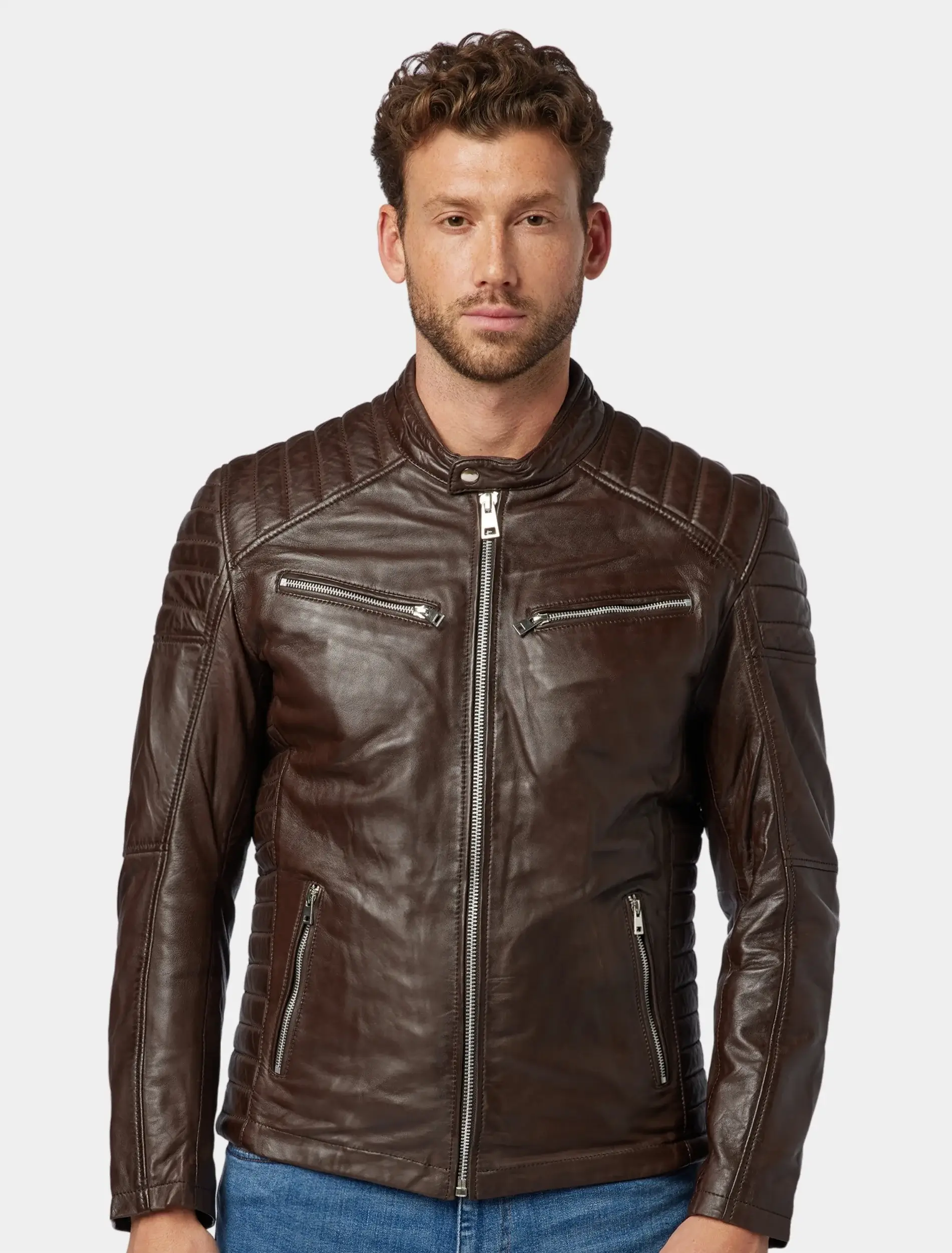 Mens Classic Dark Brown Leather Cafe Racer Jacket