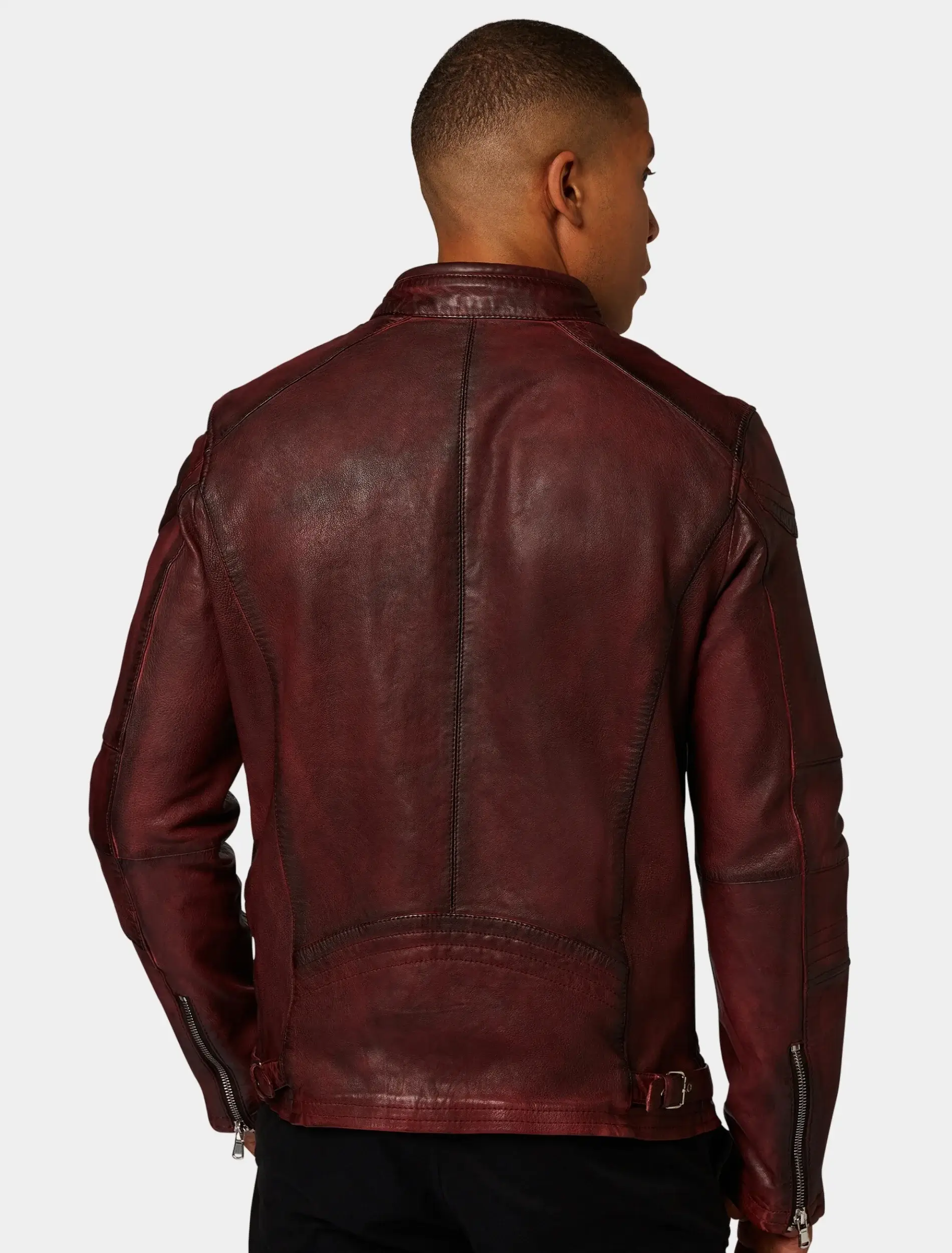 Mens Classic Maroon Leather Cafe Racer Jacket Back
