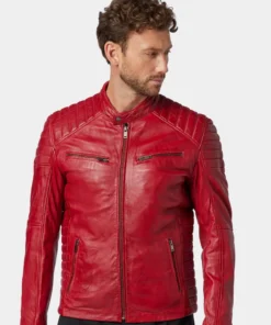 Mens Classic Red Leather Cafe Racer Jacket