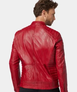 Mens Classic Red Leather Cafe Racer Jacket back