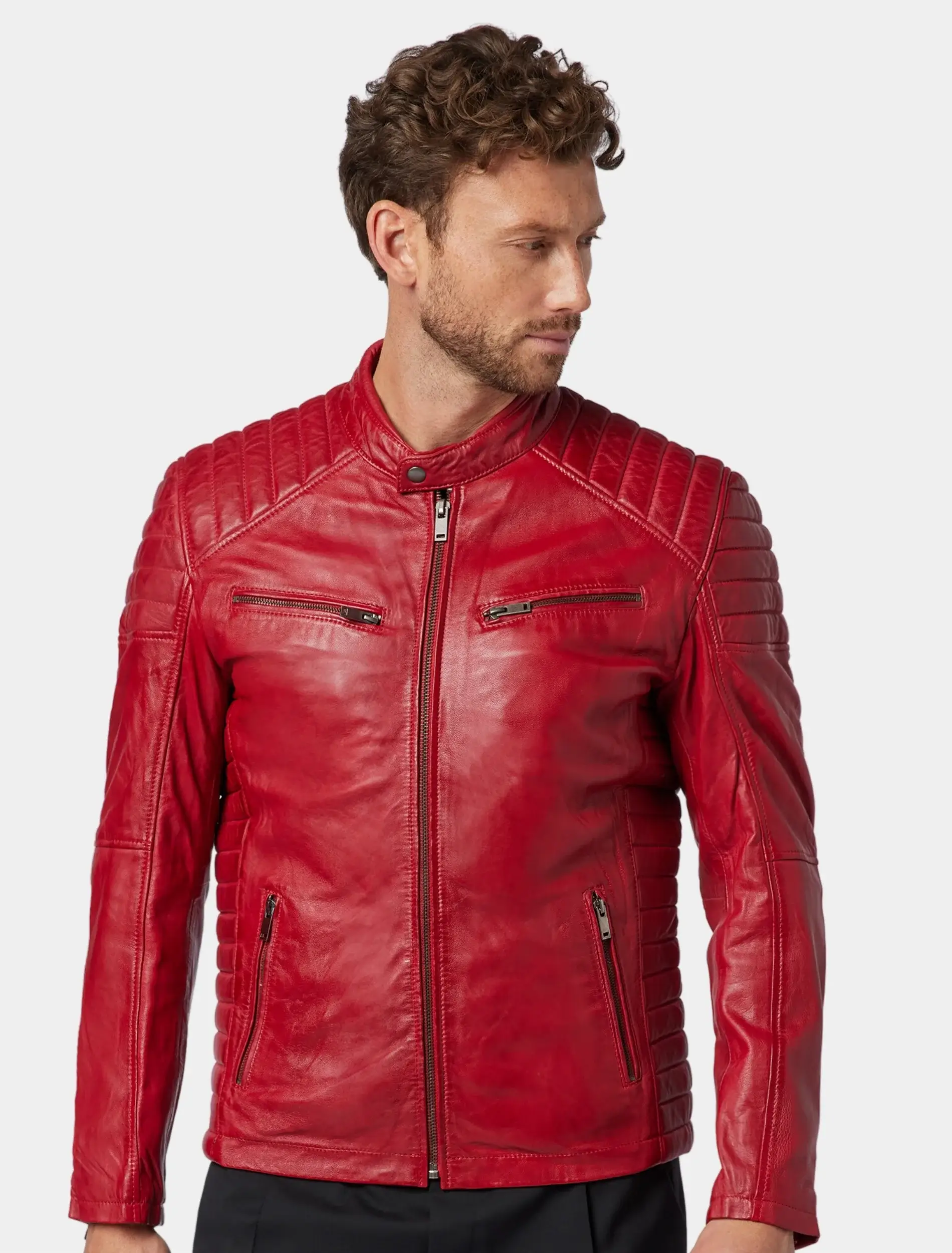 Mens Classic Red Leather Cafe Racer Jacket