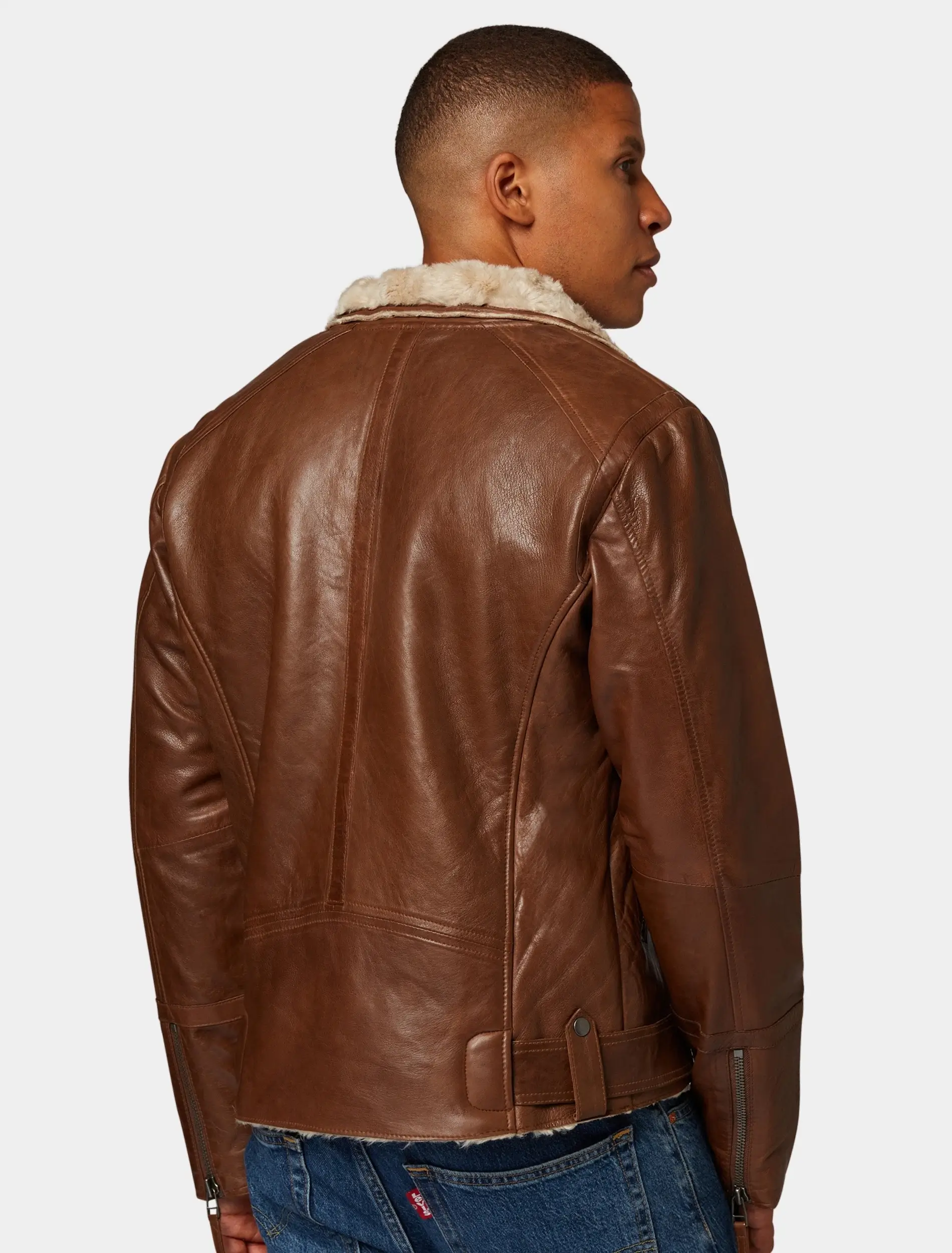 Mens Classic Tan Leather Biker Jacket With Fur Collar Back