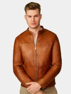 Mens Classic Tan Leather Bomber Jacket