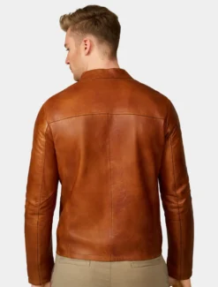 Mens Classic Tan Leather Bomber Jacket Back