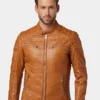 Mens Classic Tan Leather Cafe Racer Jacket