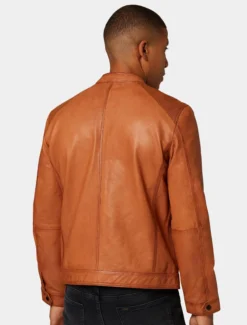 Mens Classic Tan Leather Cafe Racer Jacket Back