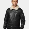 Mens John Black Leather Jacket With Shearling Collar