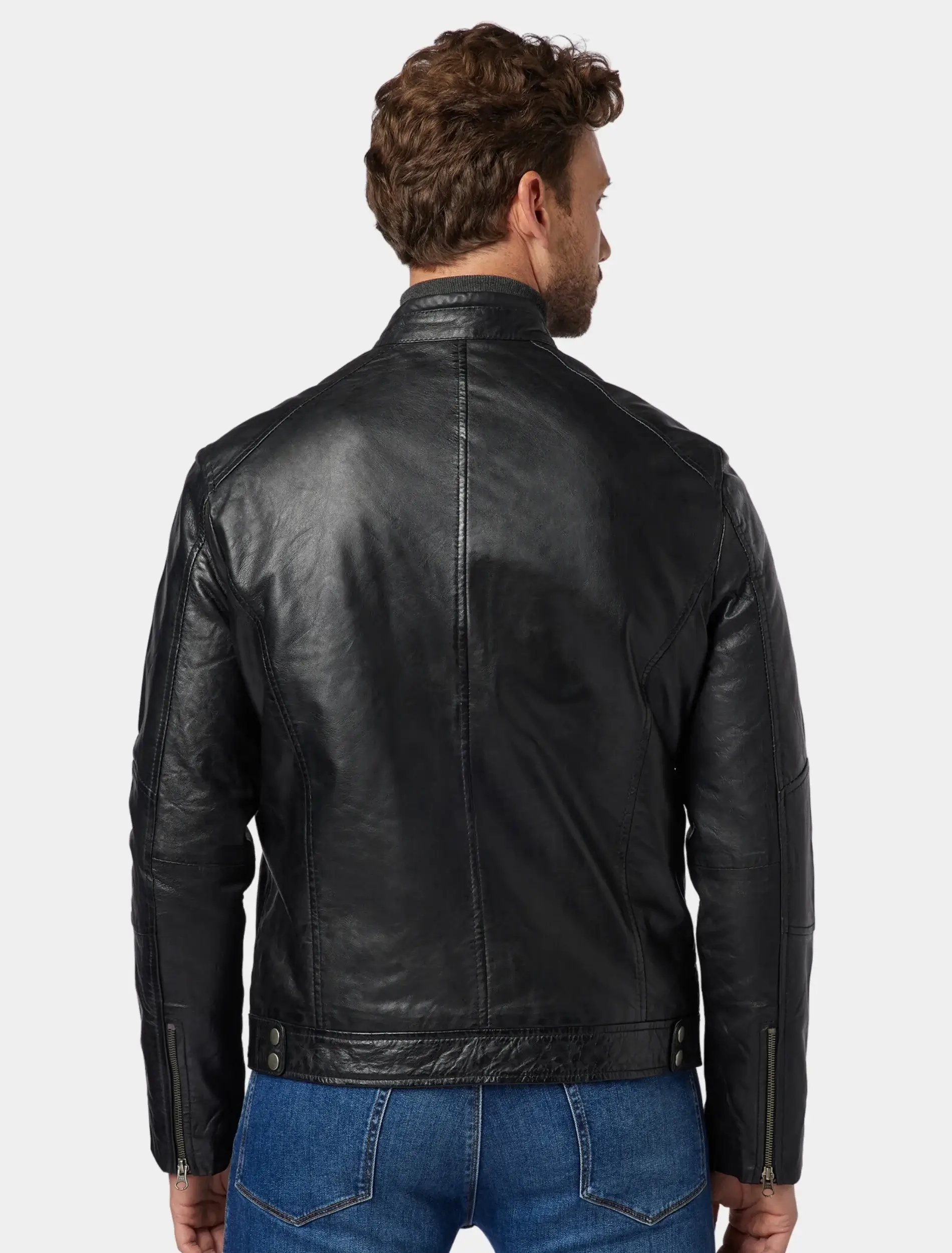 Mens Sleek Black Leather Cafe Racer Jacket Back