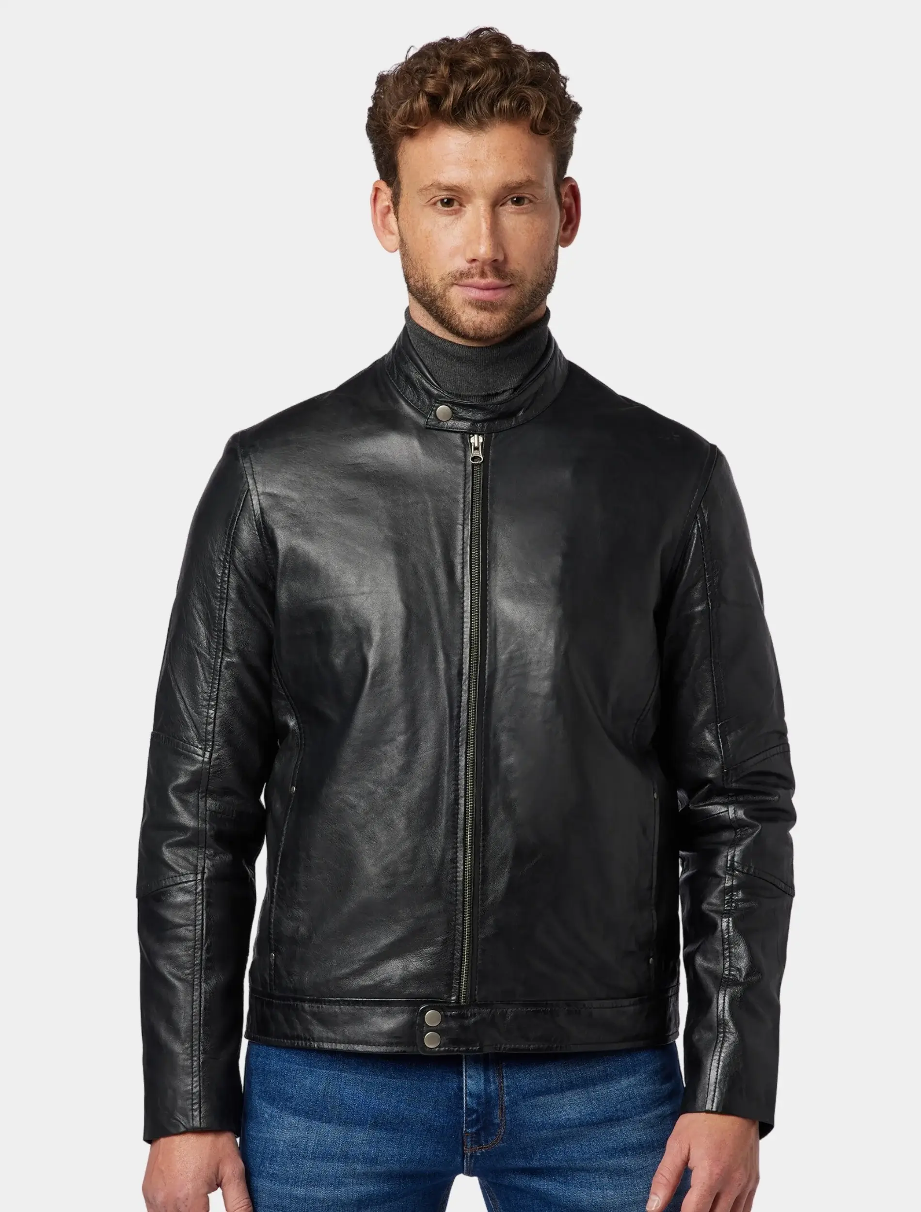 Mens Sleek Black Leather Cafe Racer Jacket