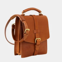 Buckle Style Tan Leather Messenger Bag Side Pose