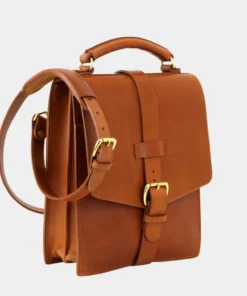 Buckle Style Tan Leather Messenger Bag Side Pose
