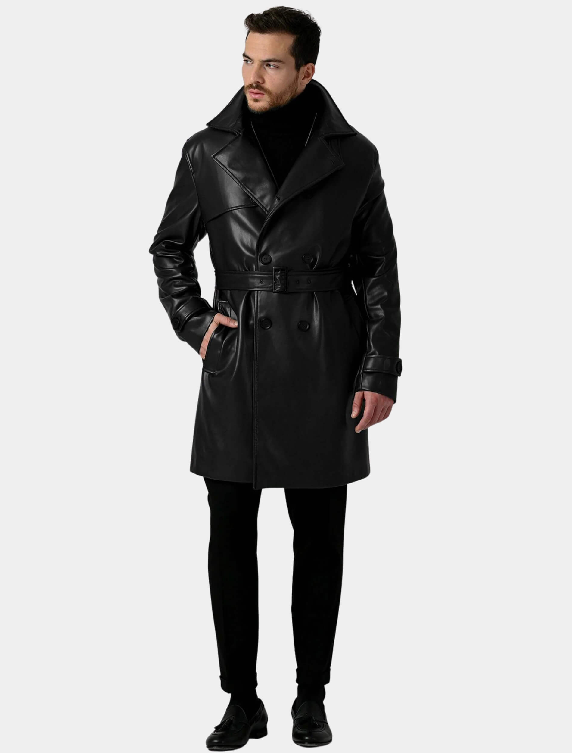 Mens Classic Black Leather Trench Coat Mens Leather Wear