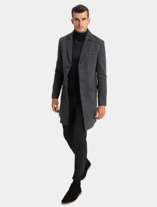 Mens Classic Grey Wool Trench Coat Front Image