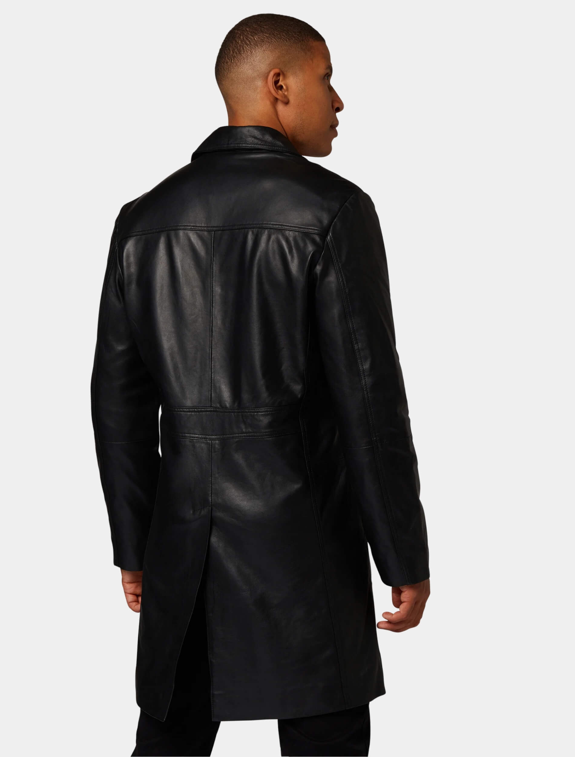 Mens Classy Black Leather Trench Coat Back