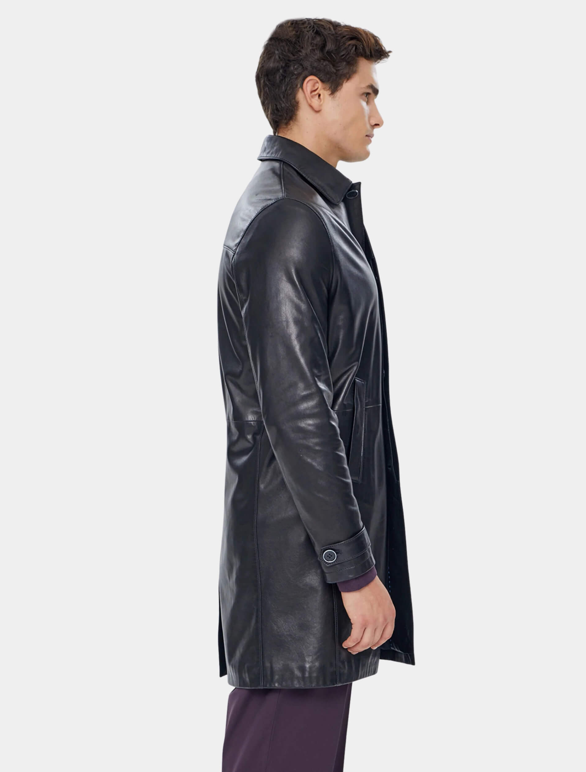 Mens John Black Leather Trench Coat Side Pose