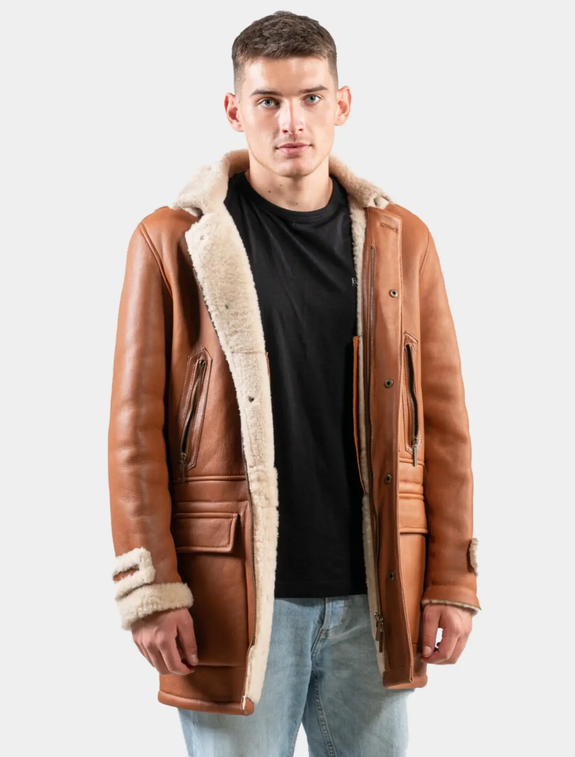 Mens Classic Tan Leather Hooded Shearling Coat Front