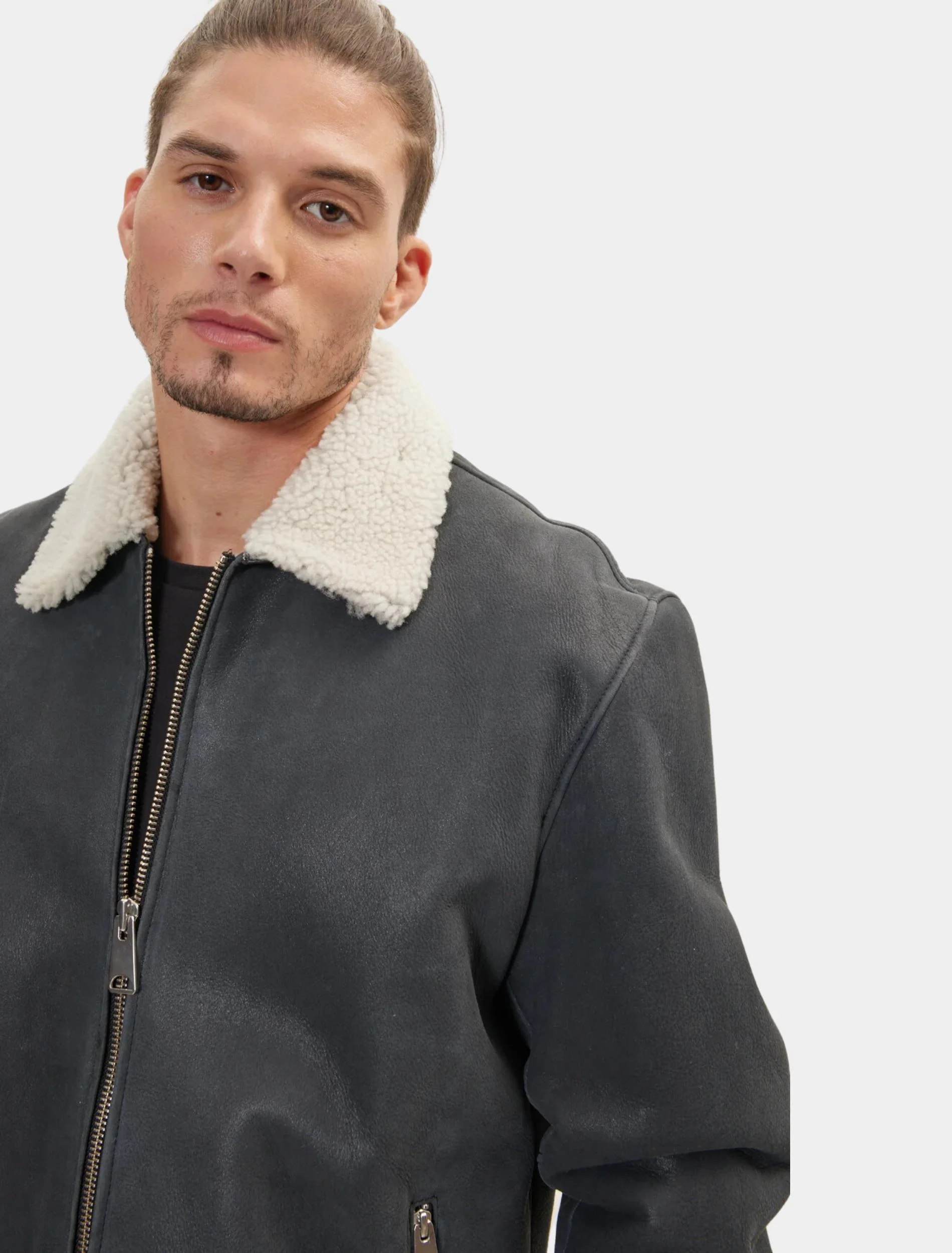 Mens Stylish Grey Leather Shearling Jacket Detail Image