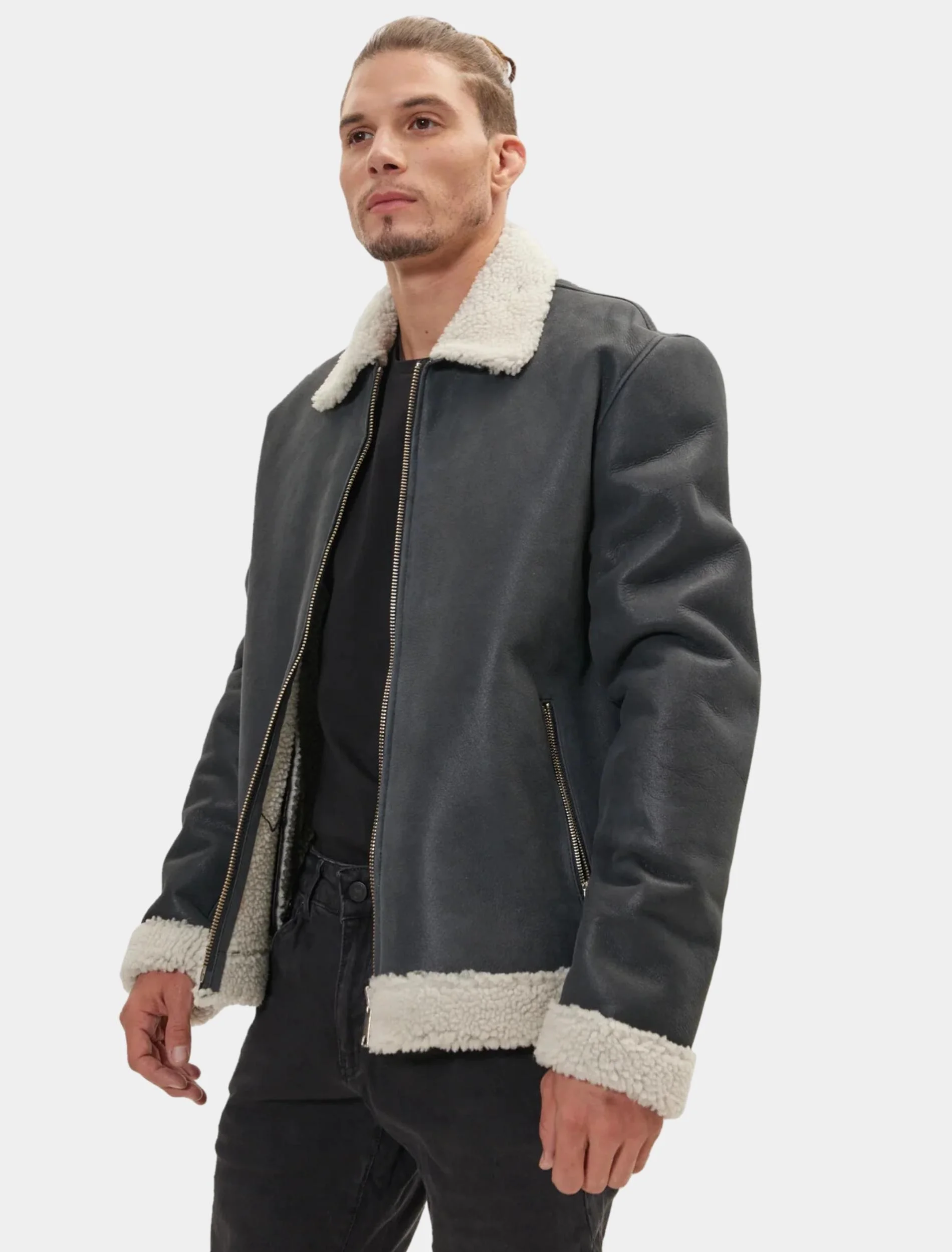 Mens Stylish Grey Leather Shearling Jacket side pose