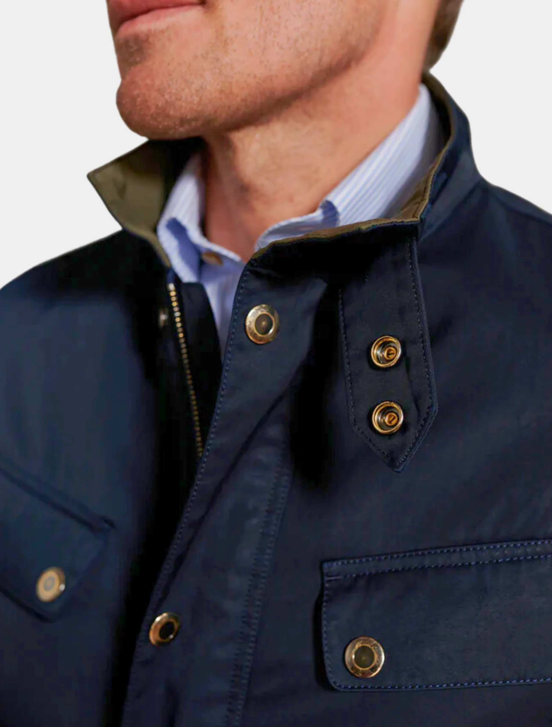 Mens Classic Navy Blue Cotton Safari Jacket Collar Detail image