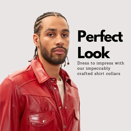 Mens Lambskin Red Leather Button Down Shirt collar detail image