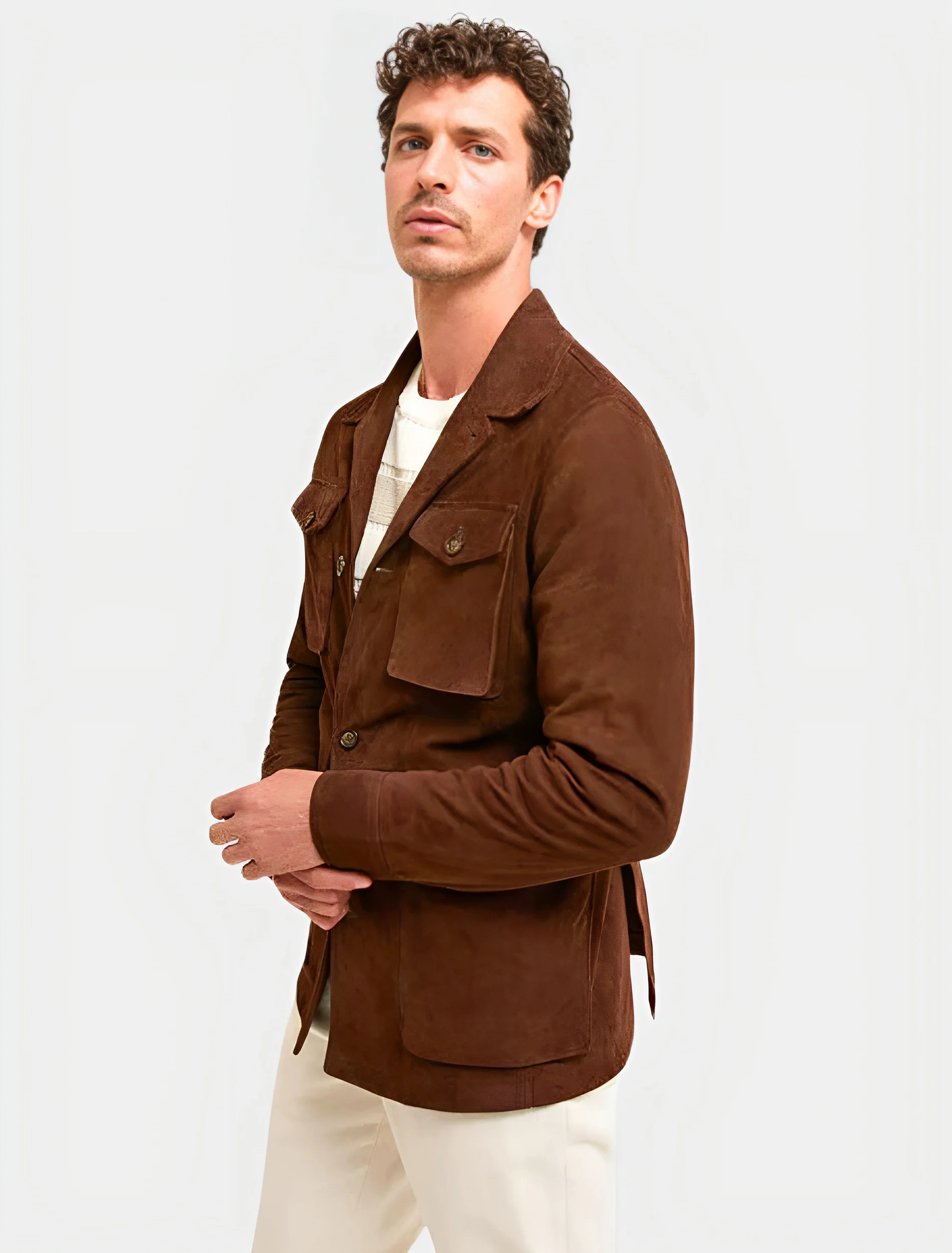 Classic Dark Brown Suede Leather Safari Jacket Front