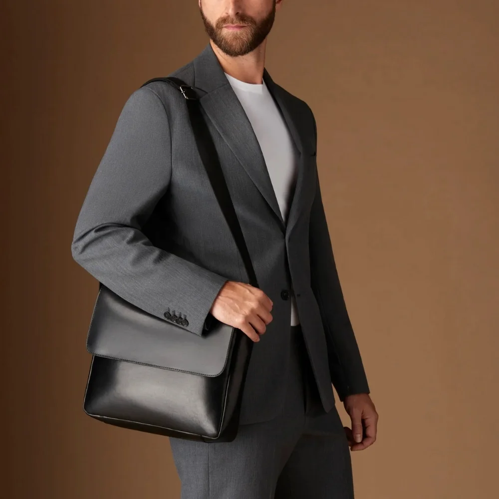 Premium Black Leather Crossbody Messenger Bag Front Image