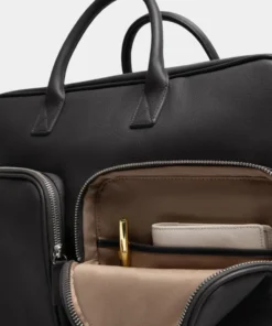 Premium Black Leather Large Laptop Briefcase Bag Pocket Detail