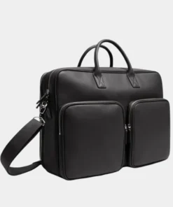 Premium Black Leather Large Laptop Briefcase Bag Side Detail