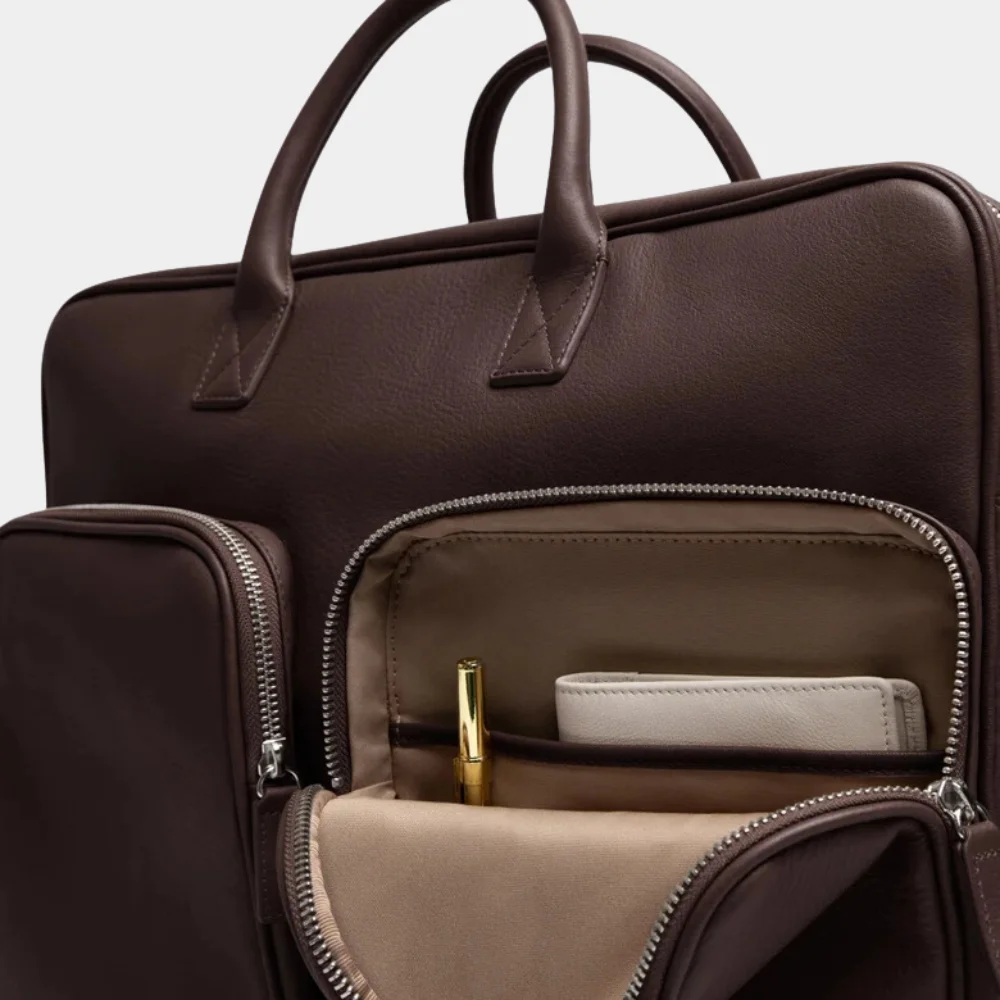 Premium Brown Leather Large Laptop Briefcase Bag Pocket Detail