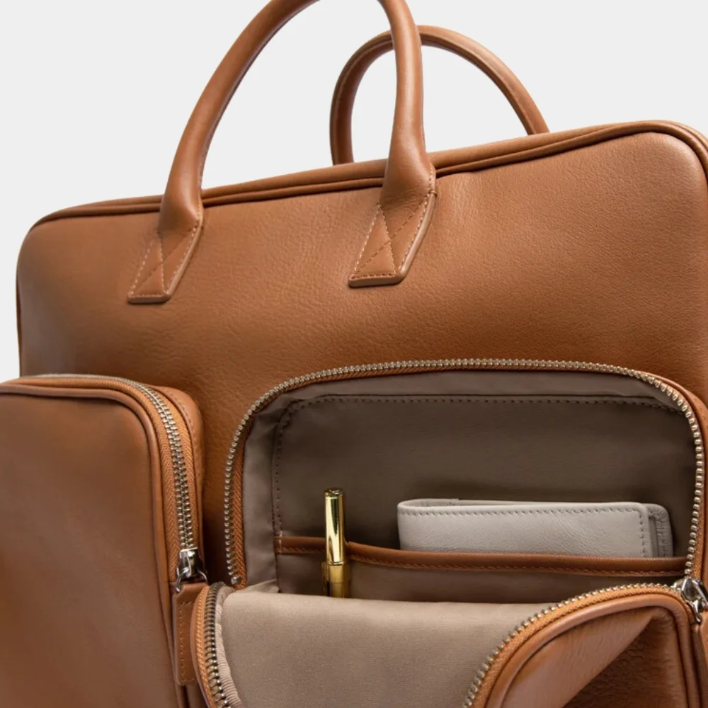 Premium Cognac Brown Leather Large Laptop Briefcase Bag Pockets Detail