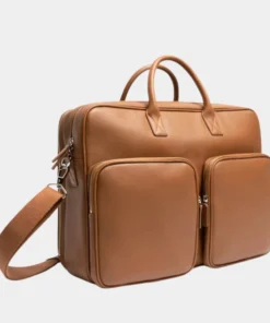 Premium Cognac Brown Leather Large Laptop Briefcase Bag Side Detail