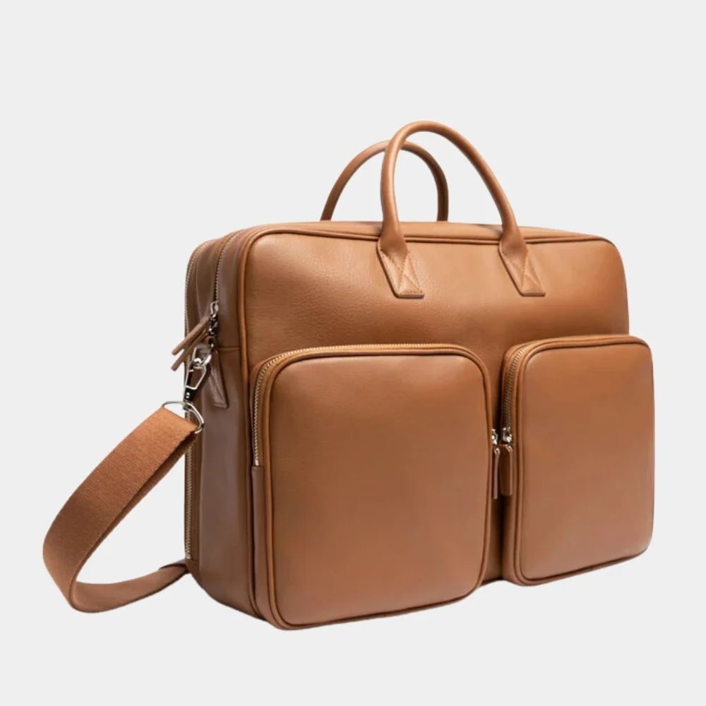 Premium Cognac Brown Leather Large Laptop Briefcase Bag Side Detail